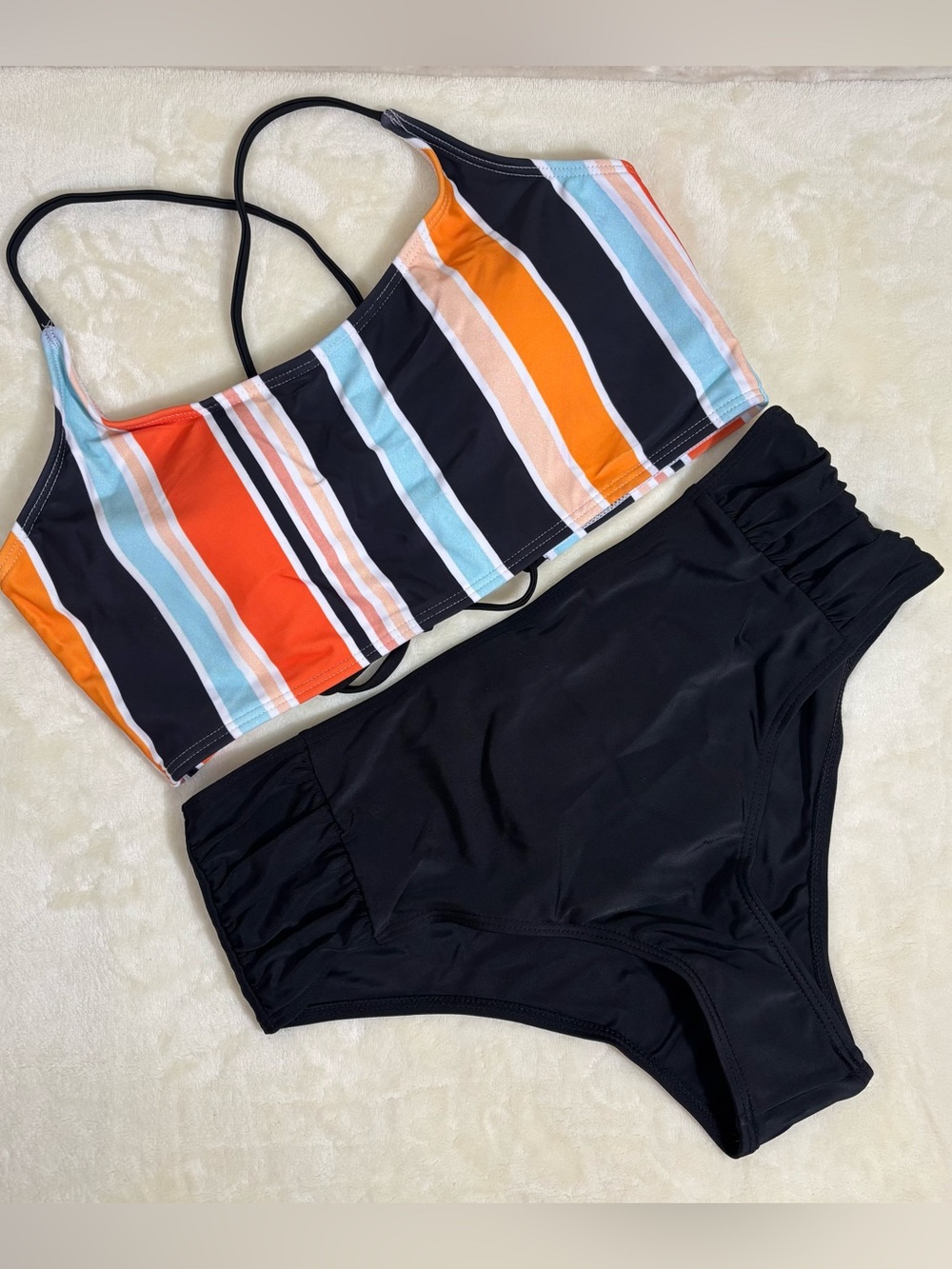 SweatyRocks 2 Piece Striped Spaghetti Strap Criss Cross High Waist Swimsuit SZ S